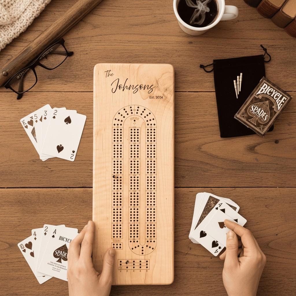 Wooden custom engraved crib board set with metal pegs and bicycle brand card deck