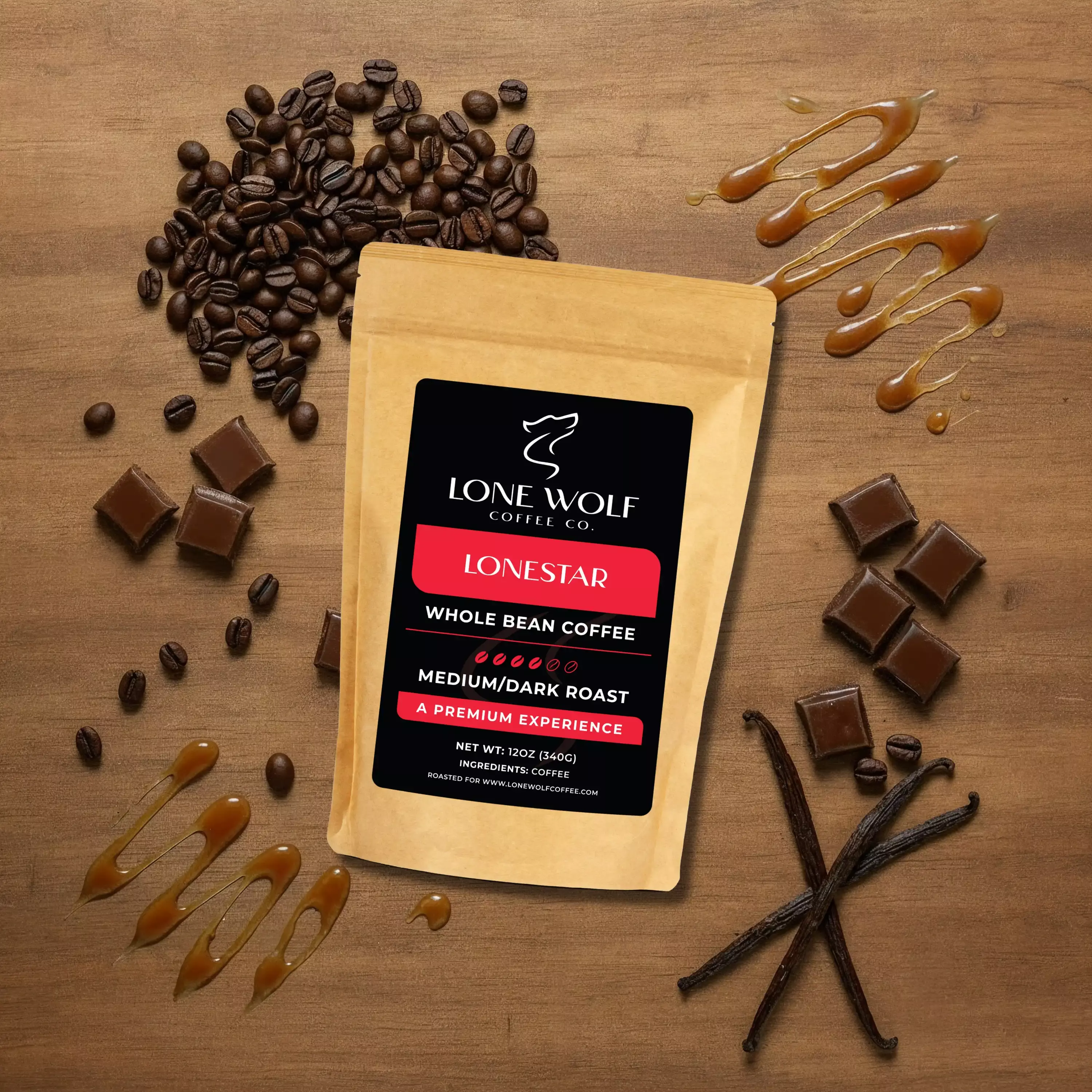 Lonestar whole bean flavor profile image showing Lone Wolf Coffee with cocoa richness, caramel sweetness, and soft vanilla finish.