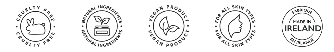 Cruelty Free, Natural ingredients, Vegan products, Suitable for all skin types, made in ireland badges