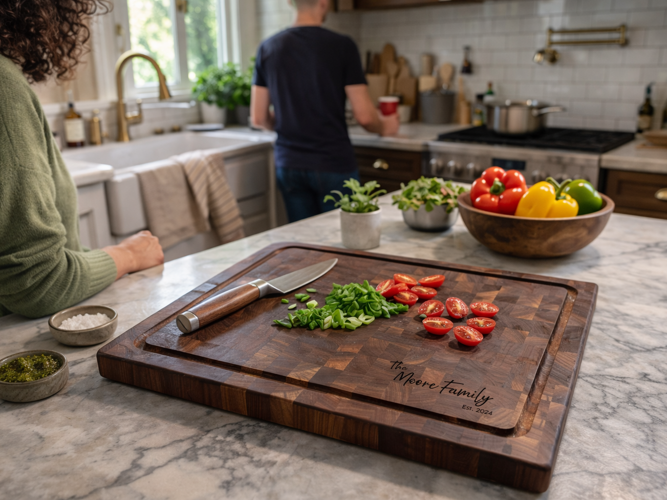 personalized walnut cutting board wedding gift with family name engraving used in kitchen