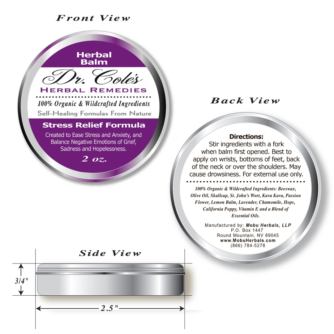 Dr. Coles Stress Relief Balm front, back and side views.