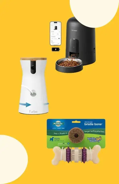 Smart pet food dispensers and tech toys designed for dogs and cats, showcasing innovative feeding solutions.