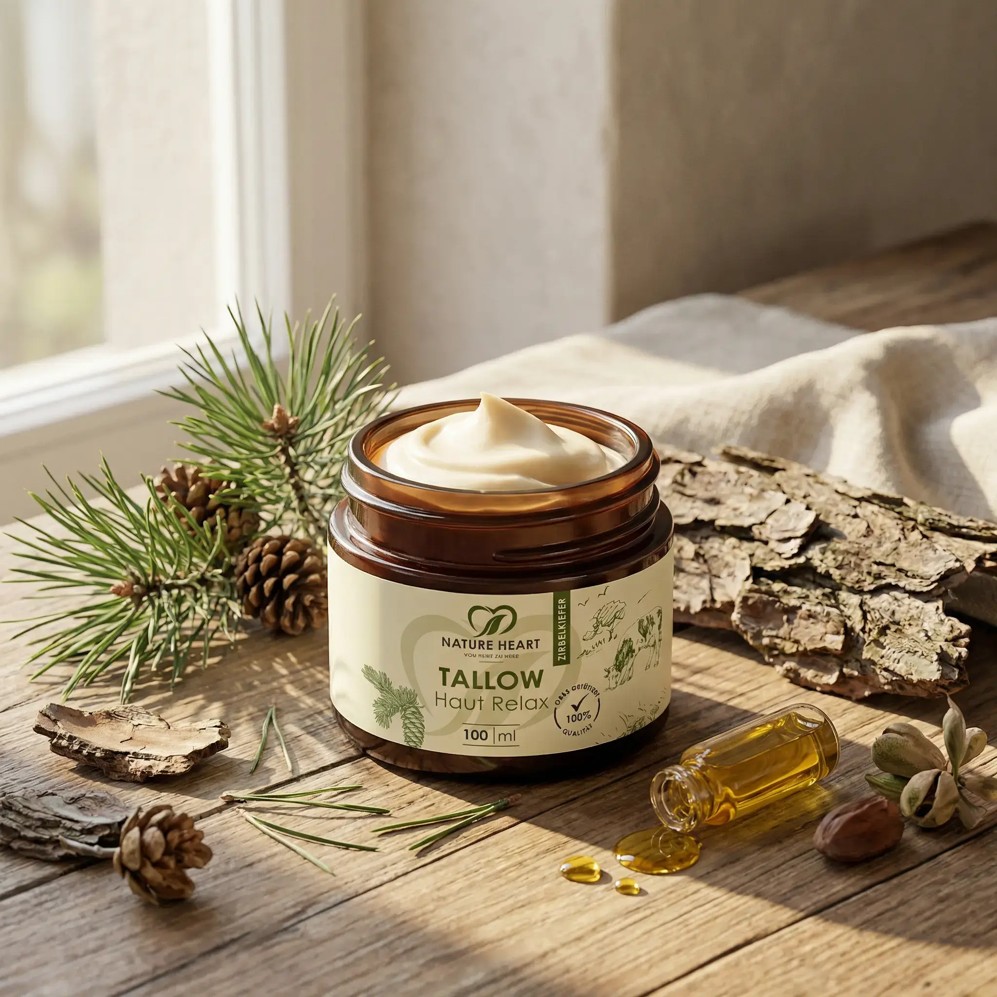 Nature Heart Tallow Haut Relax 100 ml mit Zirbelkiefer auf Holztisch mit Kiefernzweigen, Zapfen und Apothekerflasche mit Zirbenöl