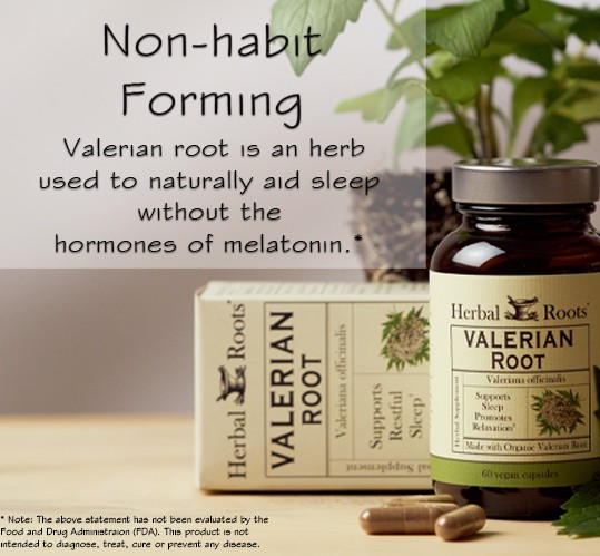 Bottle of Herbal Roots Valerian Root to the right of the image with the valerian root box the bottle comes in behind the bottle and on its side. Behind the box is a plant. Top left corner is a text box that says Non-habit forming. Valerian root is an herb used to naturally aid sleep without the hormones of melatonin.