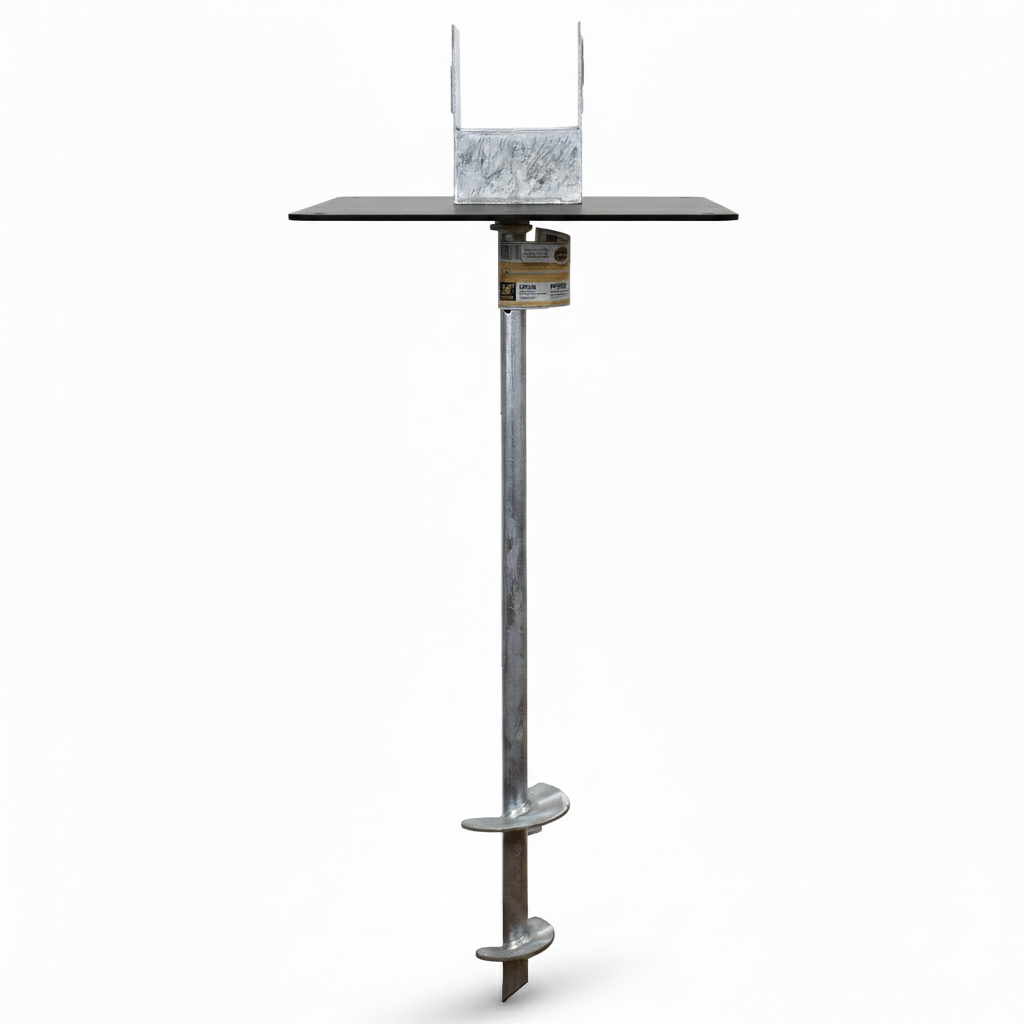 deck foot anchor with flat black load plate designed for pavers