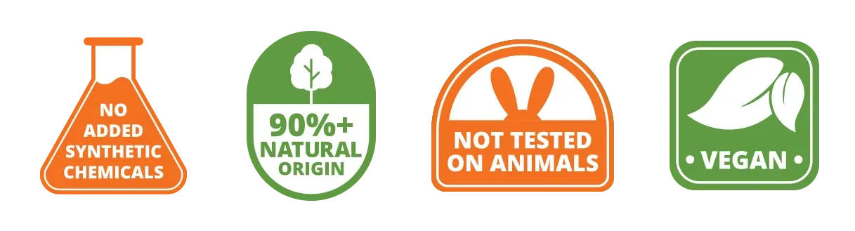 No added Synthetic chemicals | 90%+ natural origin + not tested on animals | Vegan