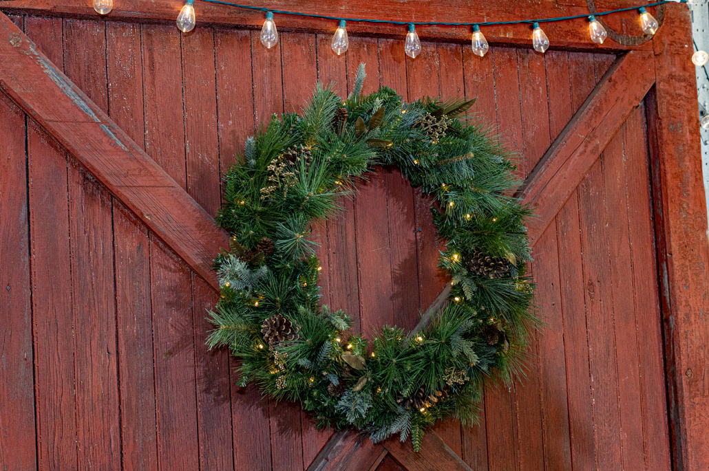wreath on red barn door