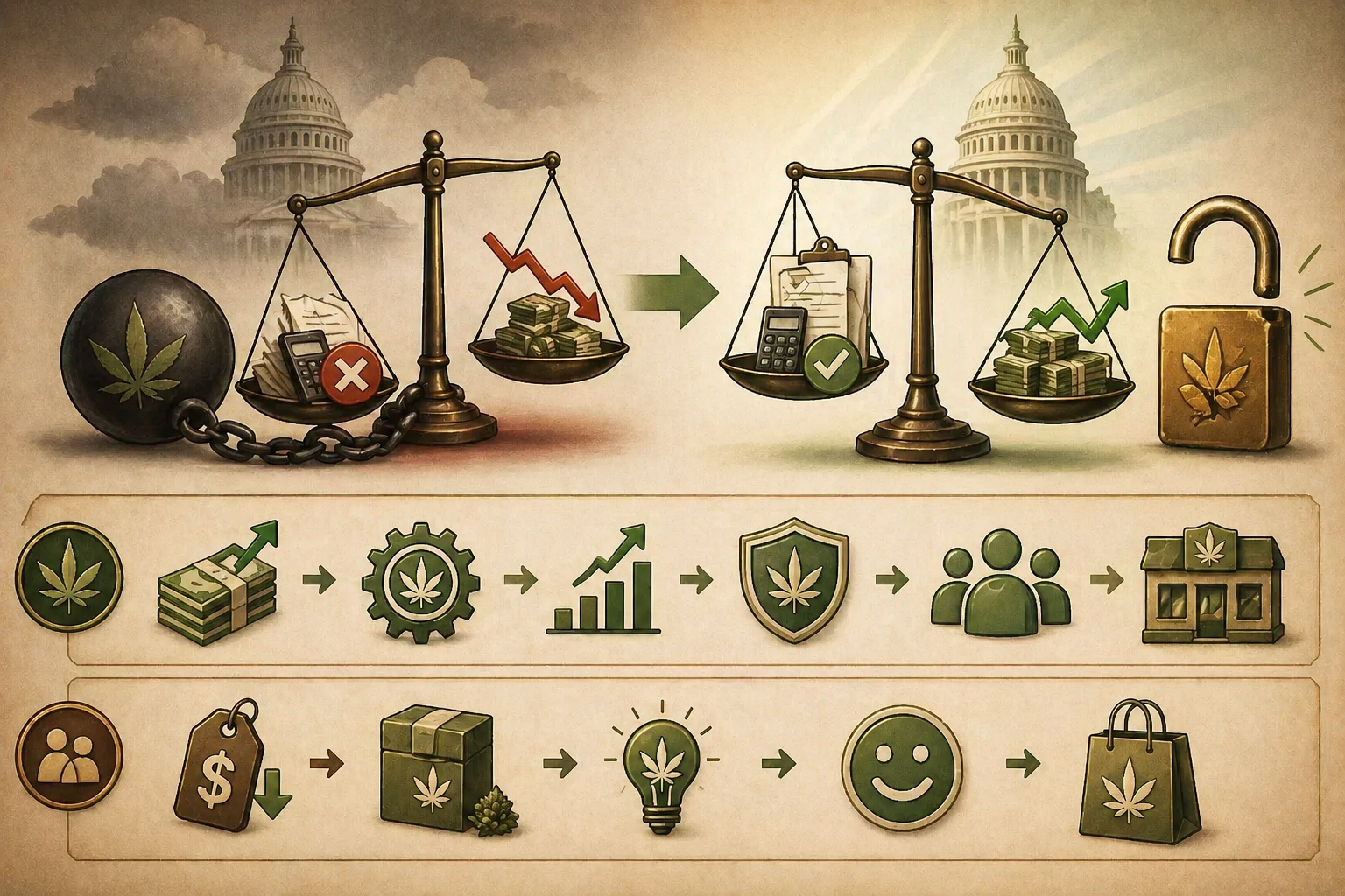 Cartoon-style infographic showing political roadblocks to cannabis rescheduling, including a vacant judge seat, opposition vote scroll, and locked chains near the Capitol.