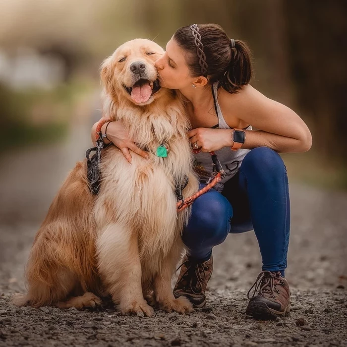Dog kissed by a woman