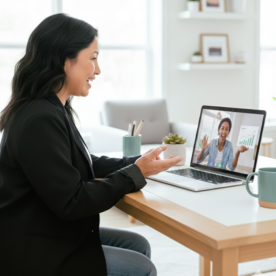 Tina Somsith on a zoom call with a client. They are both excited about the improvements that have been made