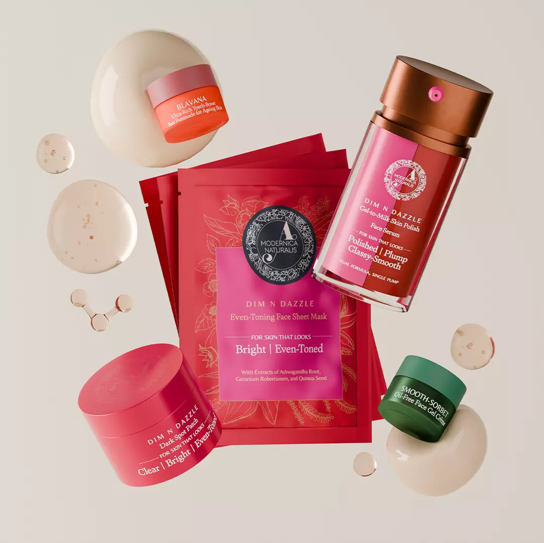 Dim N Dazzle Complete Even-Tone & Glow Trio with serum texture, smooth-sorbet mini cream with texture and mini blavana face pommade with texture