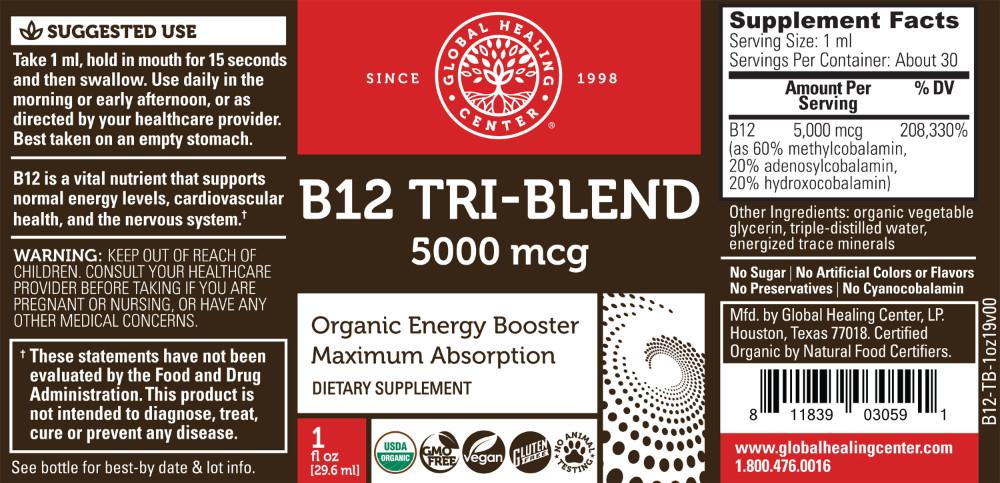 Global Healing B12 Tri-Blend 5000mcg Bottle 1oz label