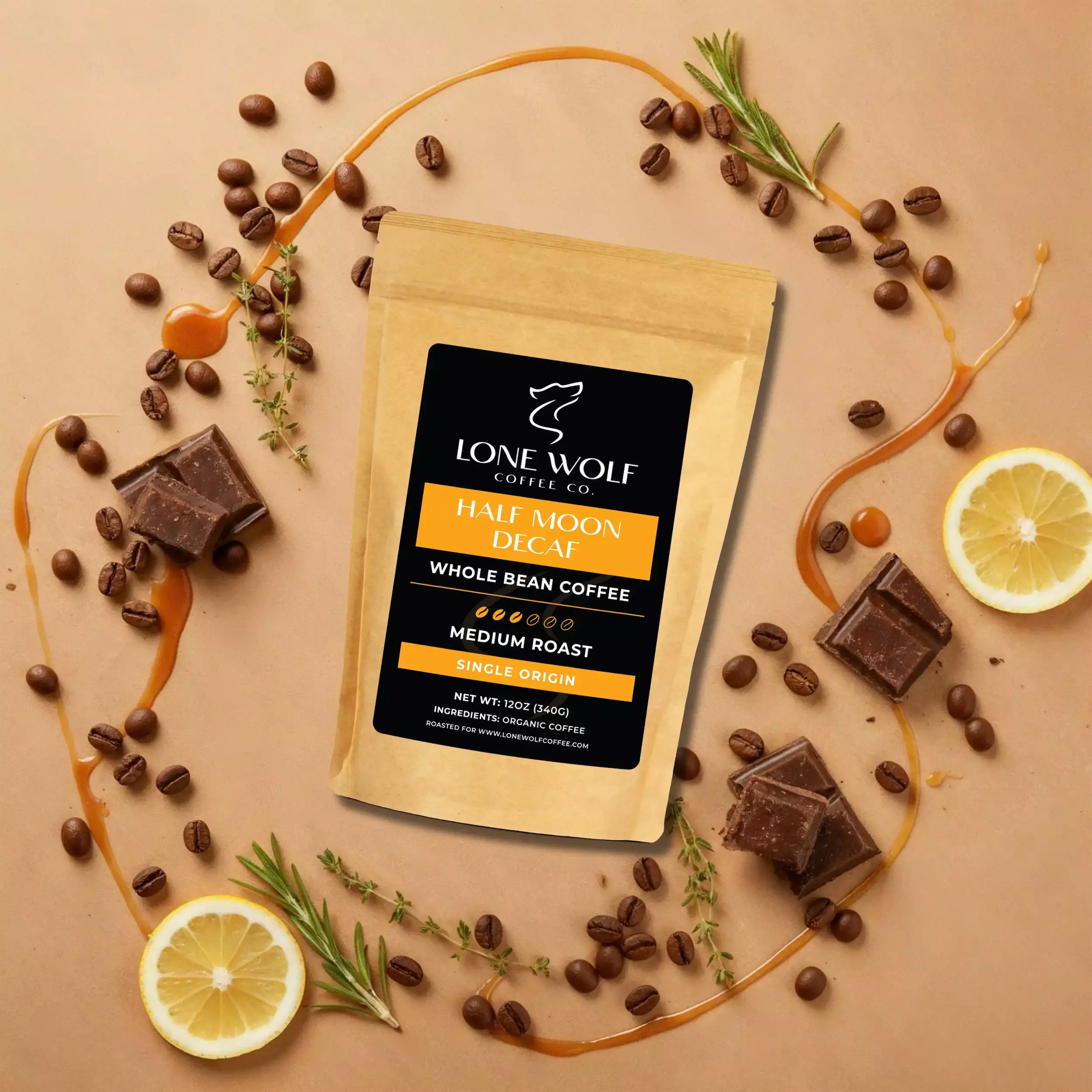 Half Moon Decaf whole bean flavor profile image showing Lone Wolf Coffee with chocolate undertones, lemon brightness, herbs, and gentle sweetness.