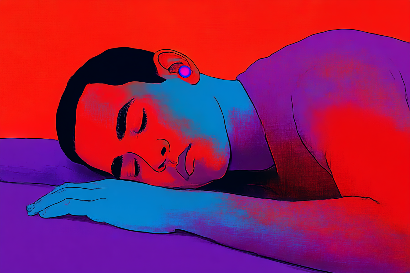 A man sleeping on his side wearing earplugs for sleep.