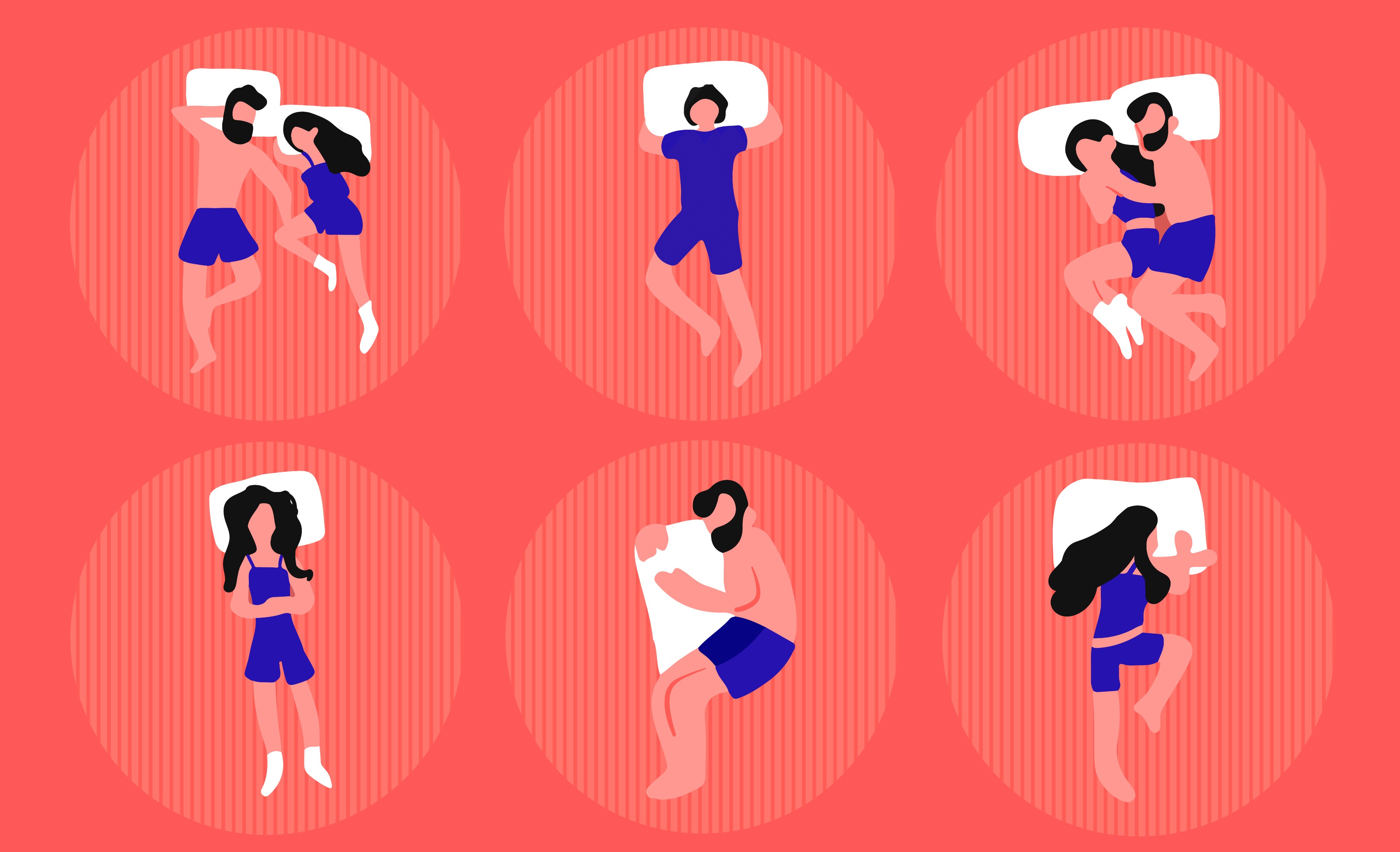 People in different sleeping positions. Clockwise from top left: chasing spoon, stargazer, spoon, yearner, pillow-hugger, corpse sleeping position.