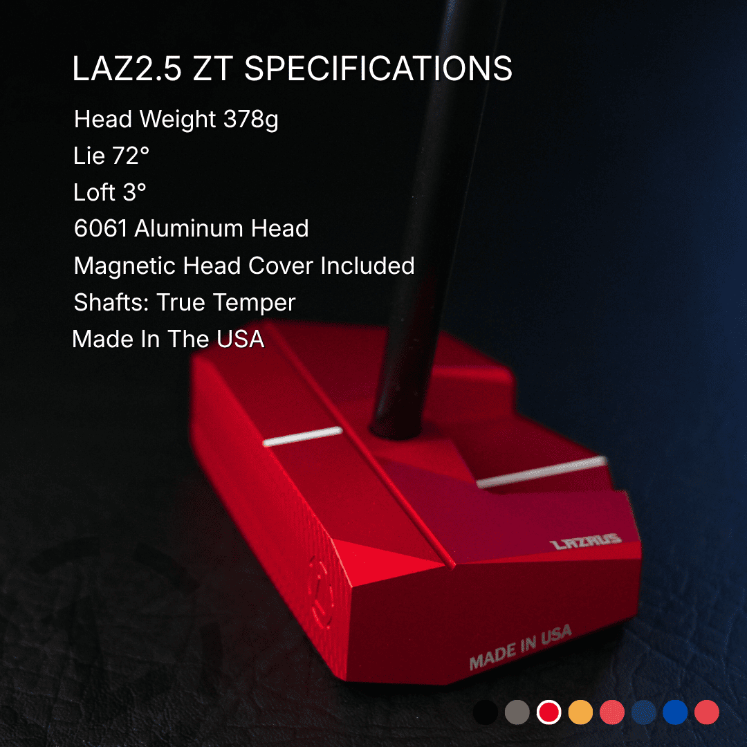 Specifications chart for Lazrus LAZ2.5 zero torque mallet putter including loft, lie, length and head weight
