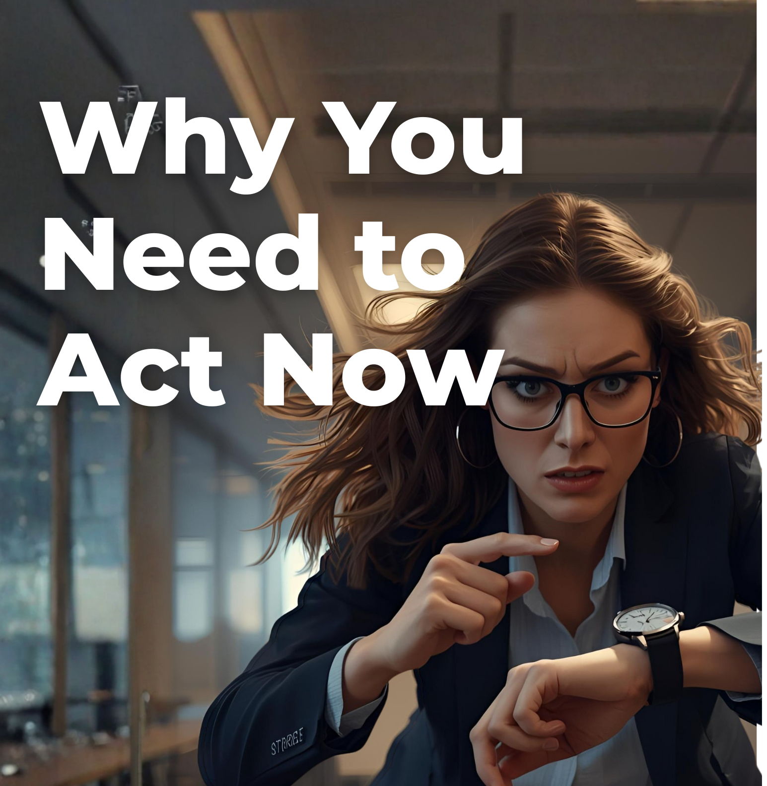 Why you need to act now. Woman rushing and pointing at her watch