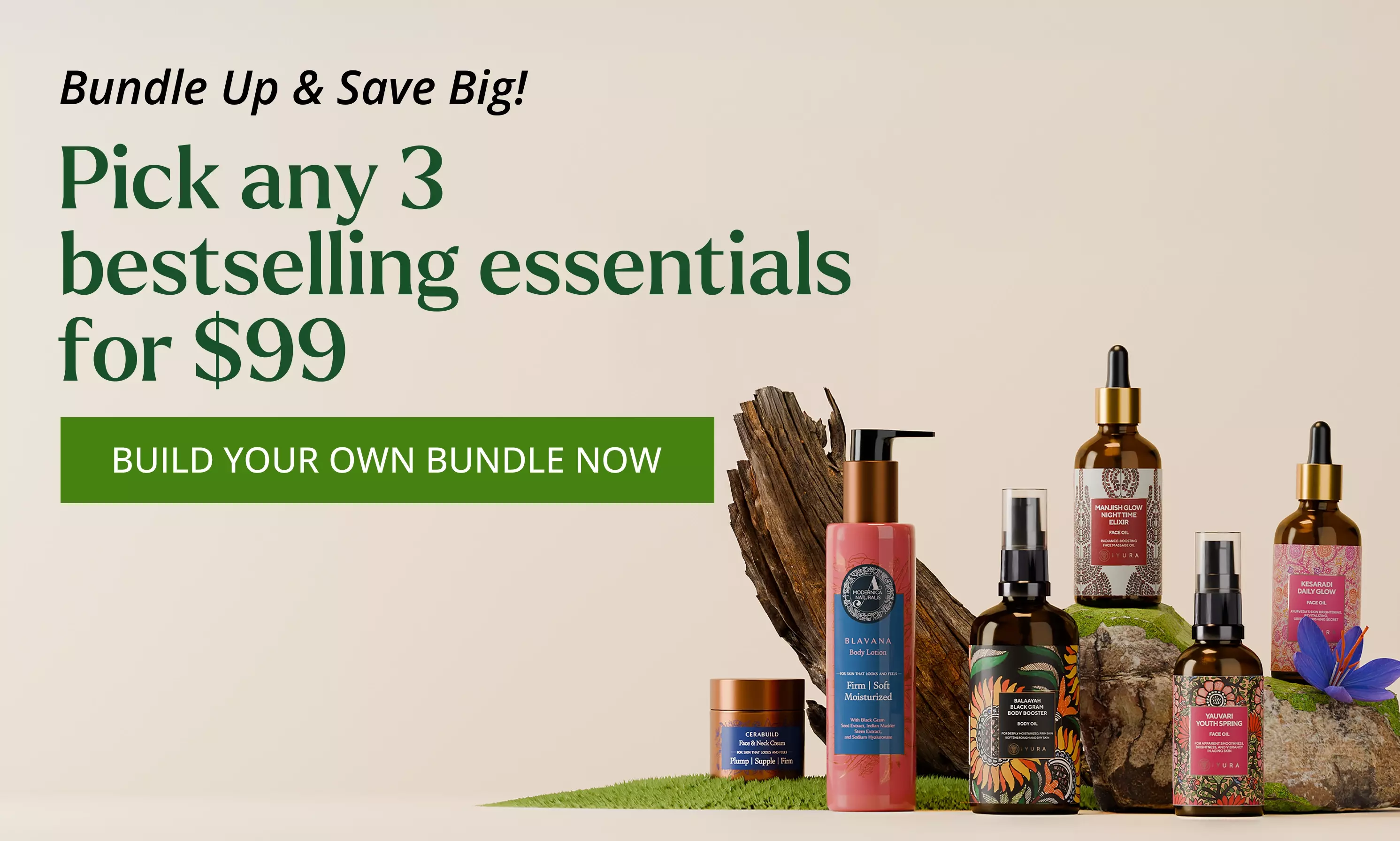 Bundle up and save big | Pick any 3 bestselling essentials for $99 | Mix and match your must-haves for the ultimate Ayurvedic glow. Build your bundle now! Mobile