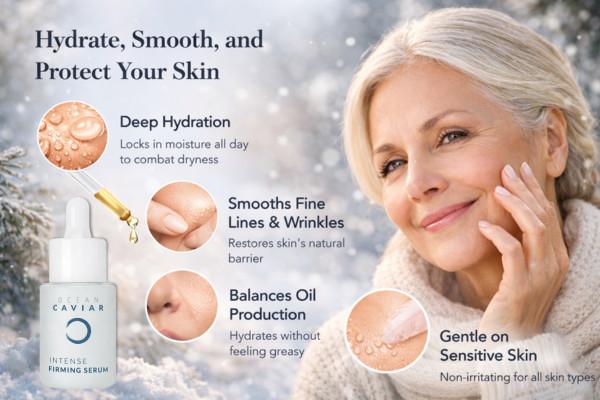 Mature woman with glowing skin gently applying Ocean Caviar Firming Serum. Surrounding icons highlight key benefits: deep hydration locking in moisture, smoothing fine lines and wrinkles, balancing oil production, and being gentle on sensitive skin. Winter-themed background emphasizes seasonal dryness and the product’s protective effects.