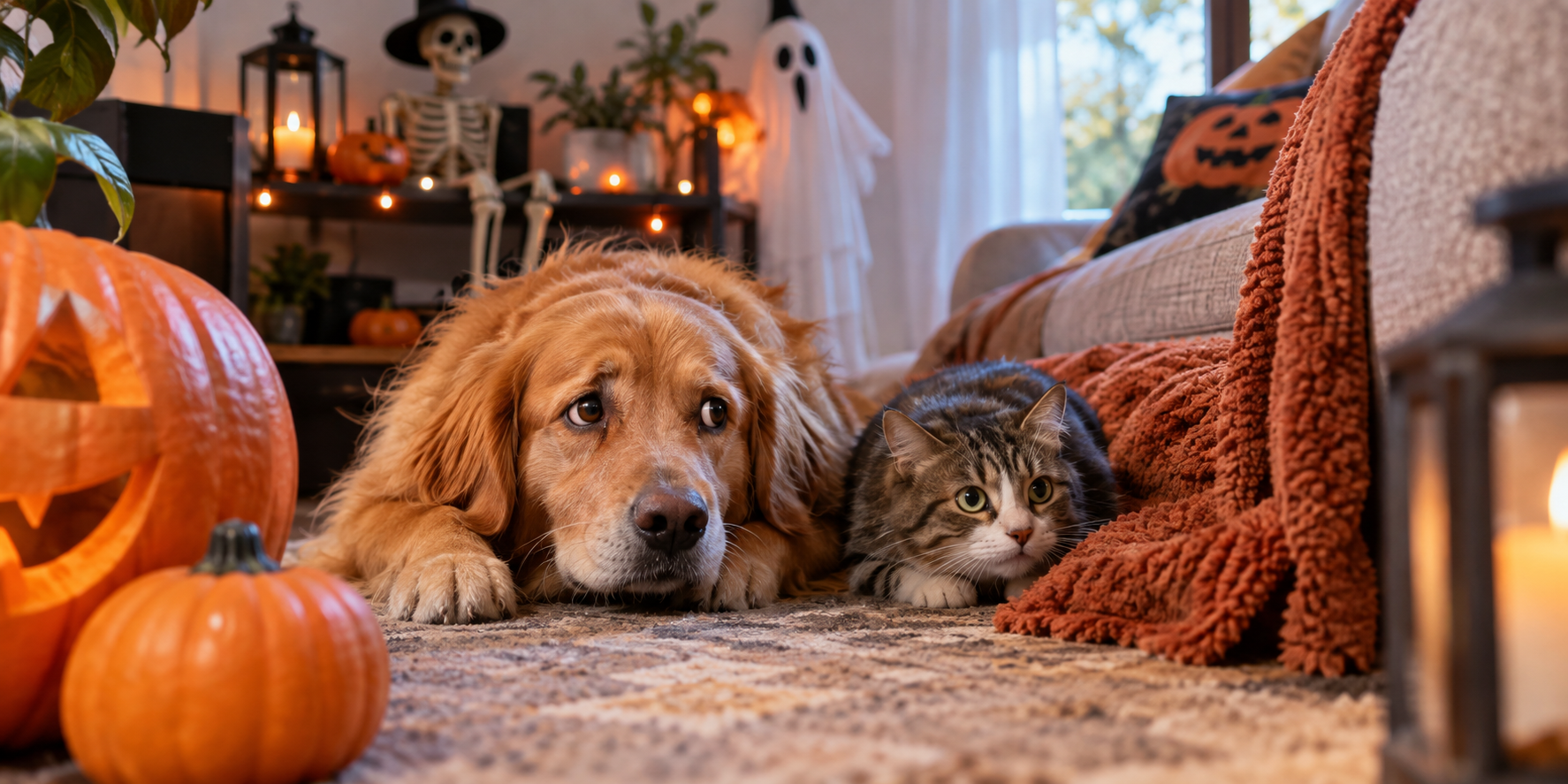 Guardian’s Choice daily pet supplements placed near a calm dog and cat resting comfortably indoors away from autumn porch decorations