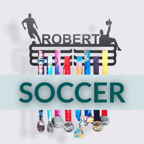 Personalized Soccer Medal Hanger in matte black steel with a custom name — Athlete's Gift Shop