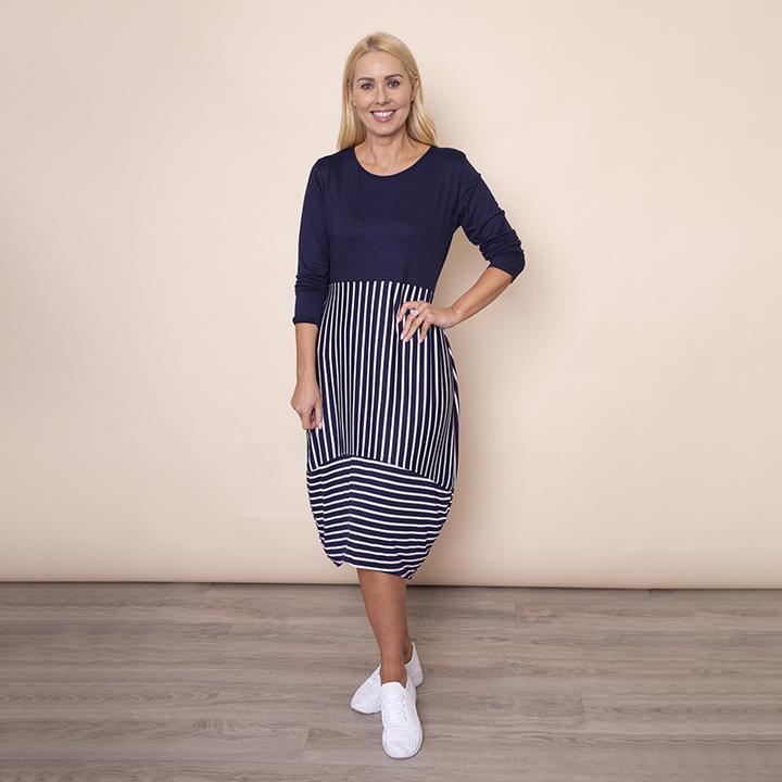 Long Sleeve Stripe Dress in Navy