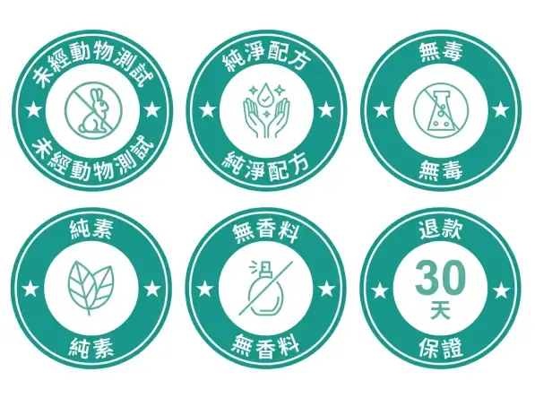 cruelty free | includes clinically tested ingredients | non toxic | vegan | fragrance free | 30 days money back guarantee badges 2