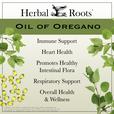 Oregano leaves and Herbal Roots oil of oregano capsules with text that says Oil of Oregano- Immune Support, Heart Health, Promotes Healthy Intestinal Flora, Respiratory Support, Overall Health and Wellness