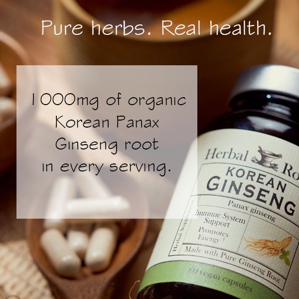 Close up of a bottle of Herbal Roots Korean Ginseng laying face up with a wooden spoon on the left of the bottle with capsules in it. There is a text box that says Pure Herbs. Real Health. 1000 mg of organic Korean Panax ginseng root in every serving.