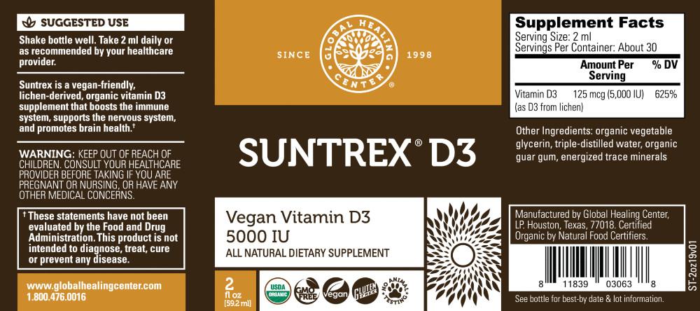 Global Healing Suntrex D3 Vegan Vitamin D3 Bottle Label