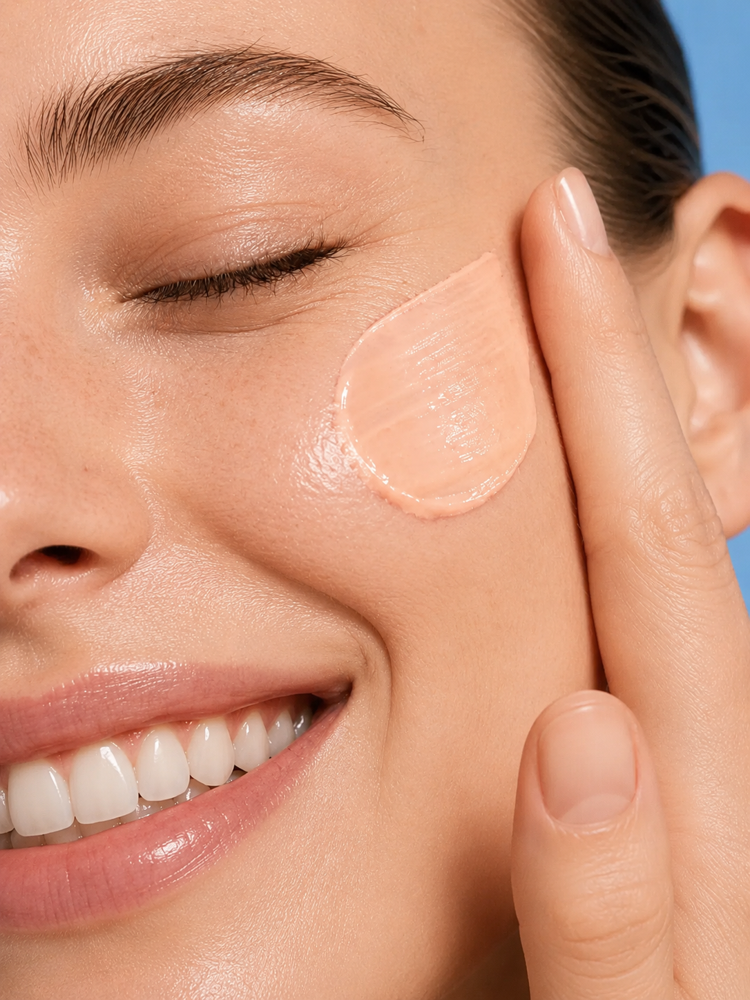a young woman smiling while applying the cream