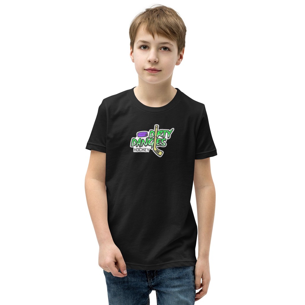A boy in a black hockey t shirt. Dirty dangles hockey logo.