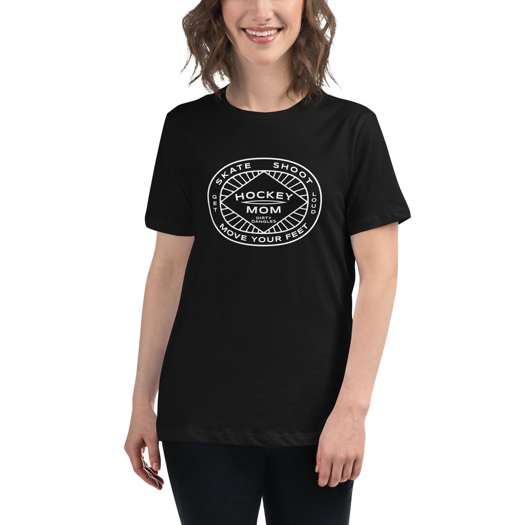 A woman in a black t shirt. Hockey mom insignia