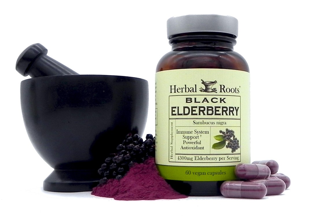 Bottle of Herbal Roots Black Elderberry next to a mortar and pestle. On the left side of the bottle is elderberry powder with raw elderberries and on the right of the bottle is a small pile of elderberry capsules.