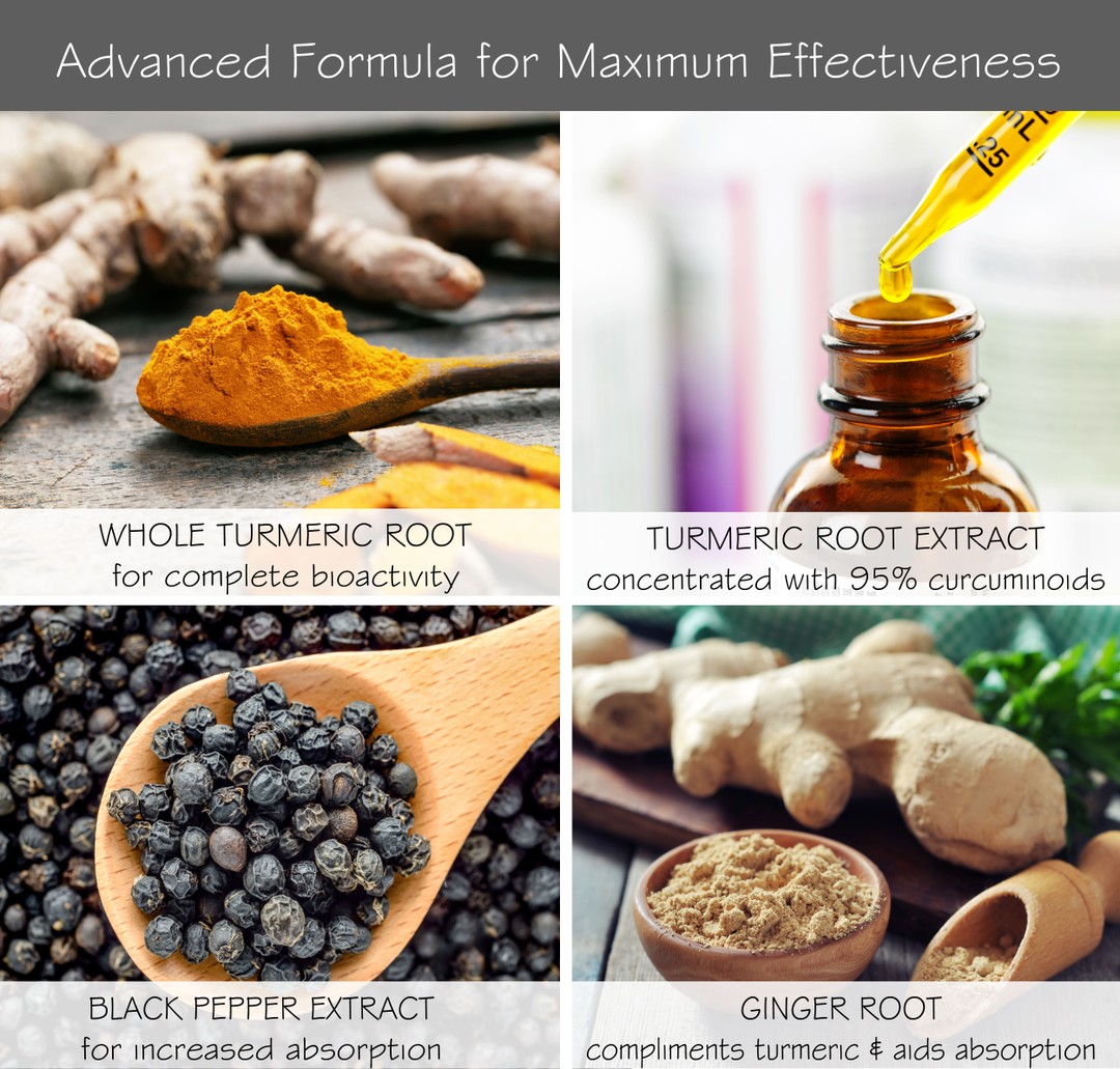 infographic consisting of 4 squares. top banner is grey and says advanced formula for maximum effectiveness. Top left square is a picture of a heaping amount of turmeric powder in a wooden spoon with fresh turmeric root. Top right picture shows the top of a brown glass bottle with a dropper above it with an orange liquid. Bottom left picture shows black peppercorn . Bottom right picture shows a brown wood bowl with ginger powder, a wooden spoon with ginger powder next to the bowl and ginger root behind the bowl. The text in the info graphic says Whole turmeric root for complete bioactivity, turmeric root extract concentrated with 95% curcuminoids, black pepper extract for increased absorption, ginger root compliments turmeric and aids absorption.