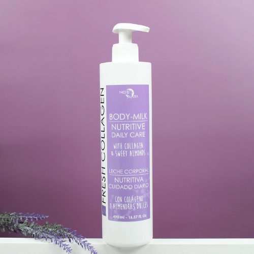 Noche's Fresh Collagen Body Milk standing upright on a white table against a dark lavender background.