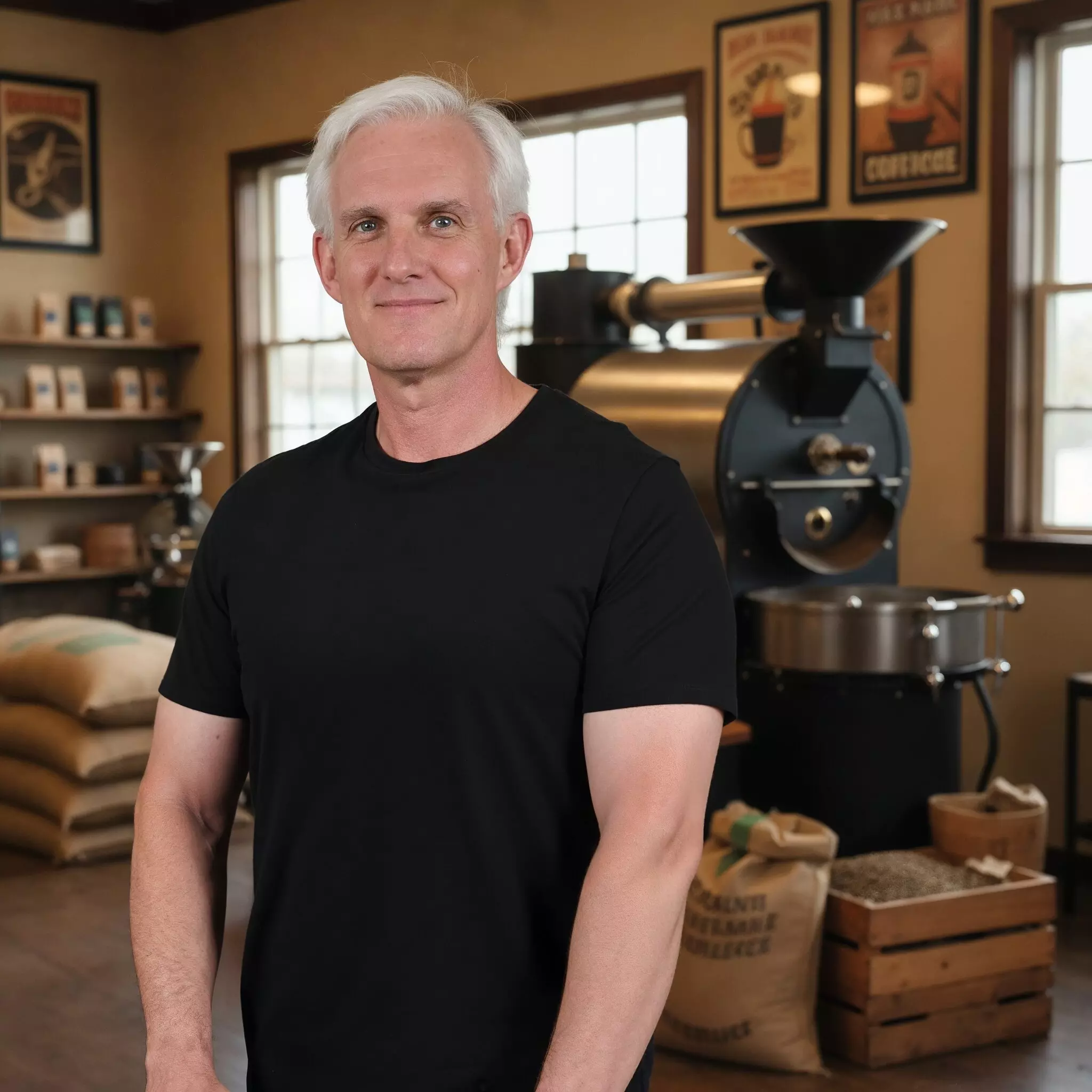 Thinus Britz, founder of Lone Wolf Coffee Co., standing in the roastery.