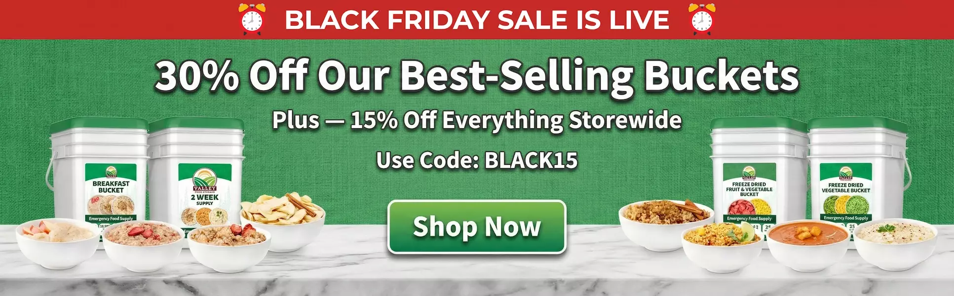 Valley Food Storage emergency food buckets and prepared freeze-dried meals displayed in a Black Friday promotion banner.