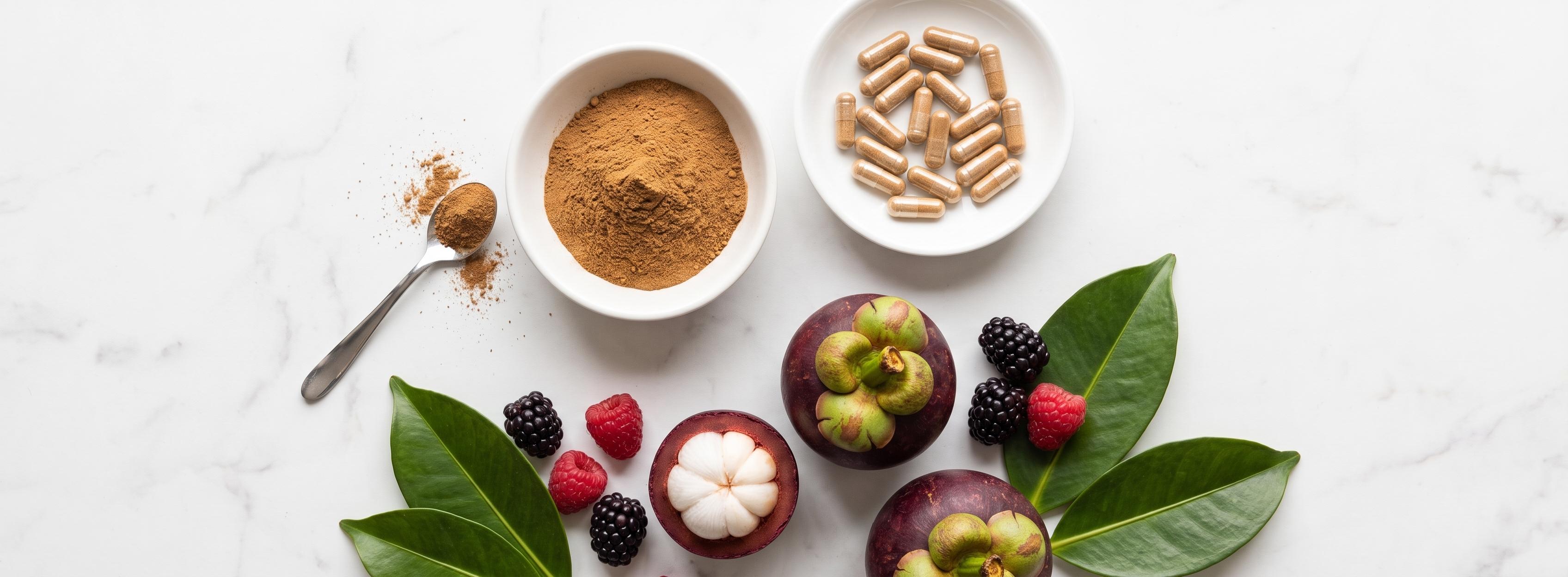 Mangosteen fruit along with powder and capsules, blackberries and raspberries shown from above on a white table