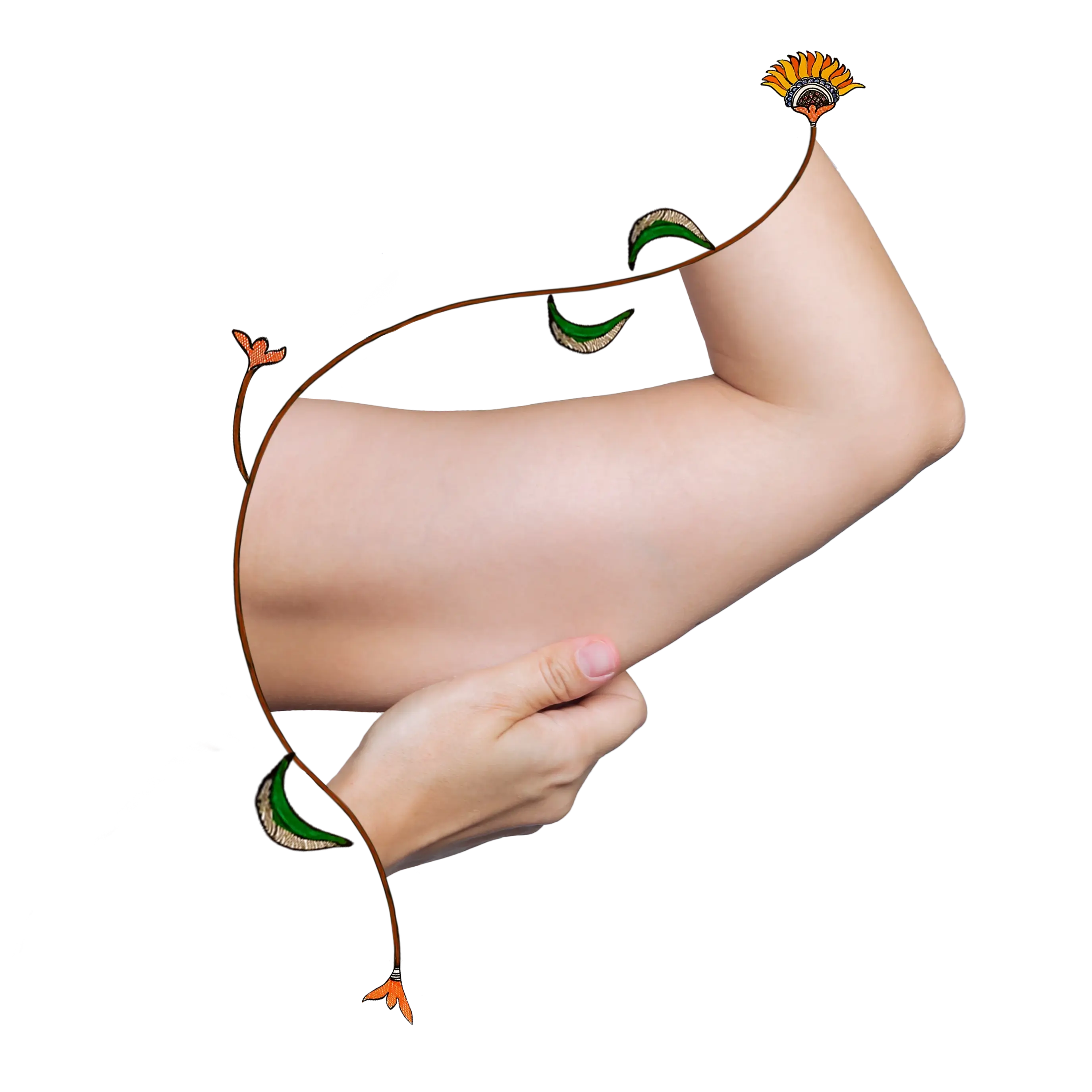 An aesthetic composition of a women's upper arm surrounded by floral artwork