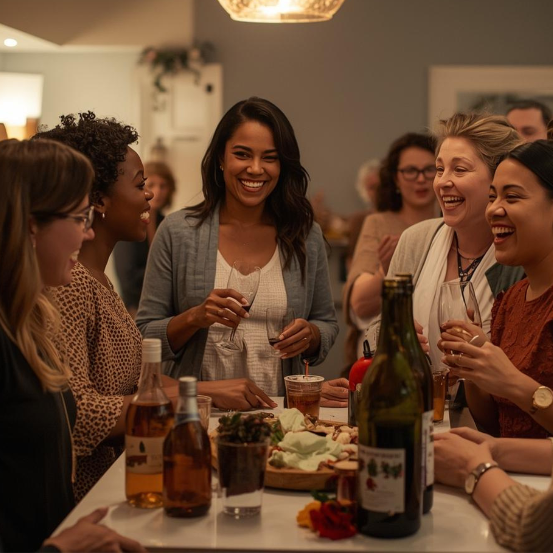 Guests gather around a self-serve drink station at a cozy dinner party, laughing and chatting while pouring wine and cocktails. Capturing the warmth and ease of stress free dinner hosting ideas in action.