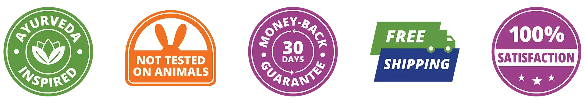 Icons for free shipping above $28 USD, Ayurveda- inspired and 30 day money back guarantee