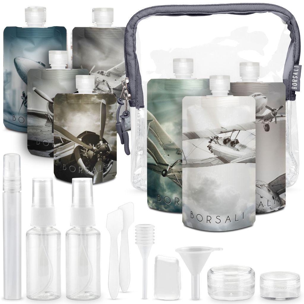 Flat Travel Size Bottles for 3-1-1 Toiletries with TSA Approved Cosmetic Toiletry Bag
