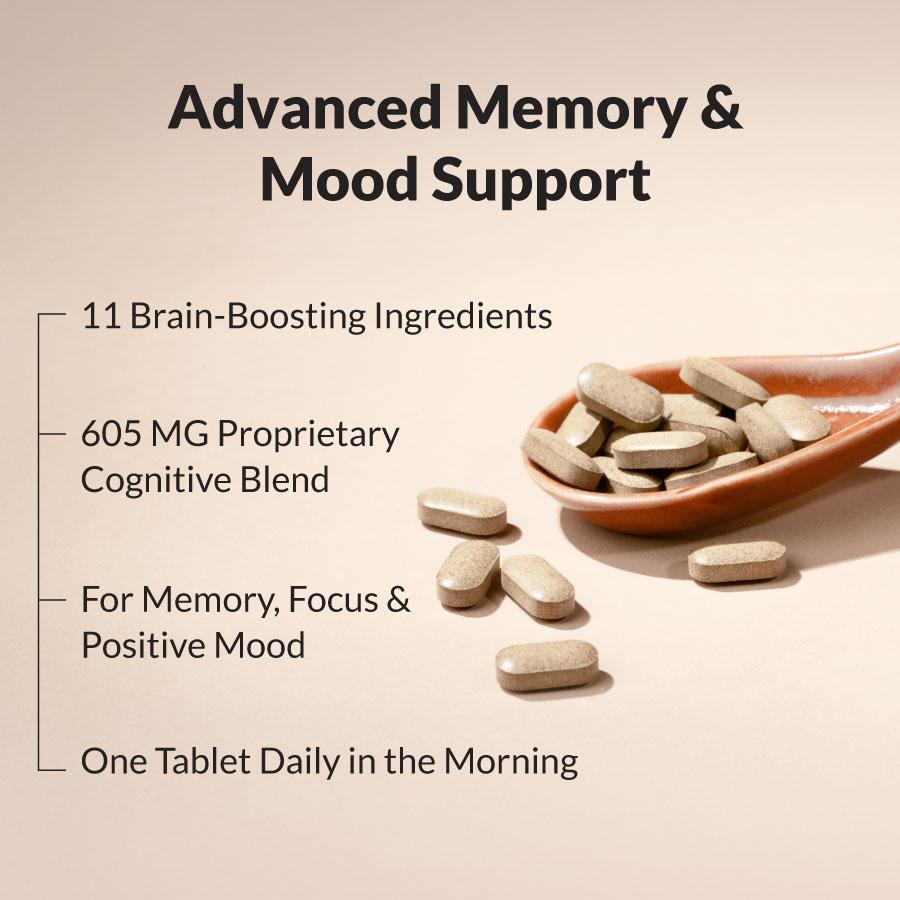Text graphic with tablets in a wooden spoon under the heading “Advanced Memory & Mood Support.” Key points include 11 brain-boosting ingredients, 605 mg proprietary cognitive blend, benefits for memory, focus, and mood, and a recommendation of one tablet daily in the morning.