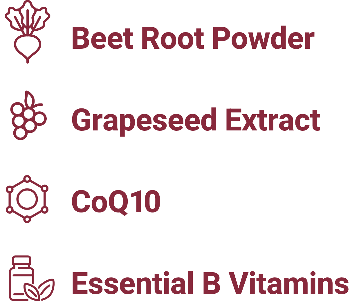 beet root powder, grapeseed extract, coq10, essential b vitamins