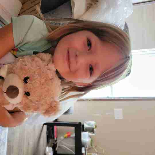 A little girl holding a beige stuffed bear