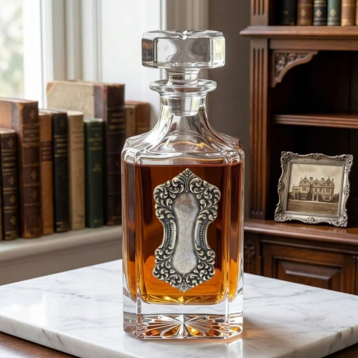 Decanter with large silver medallion art deco