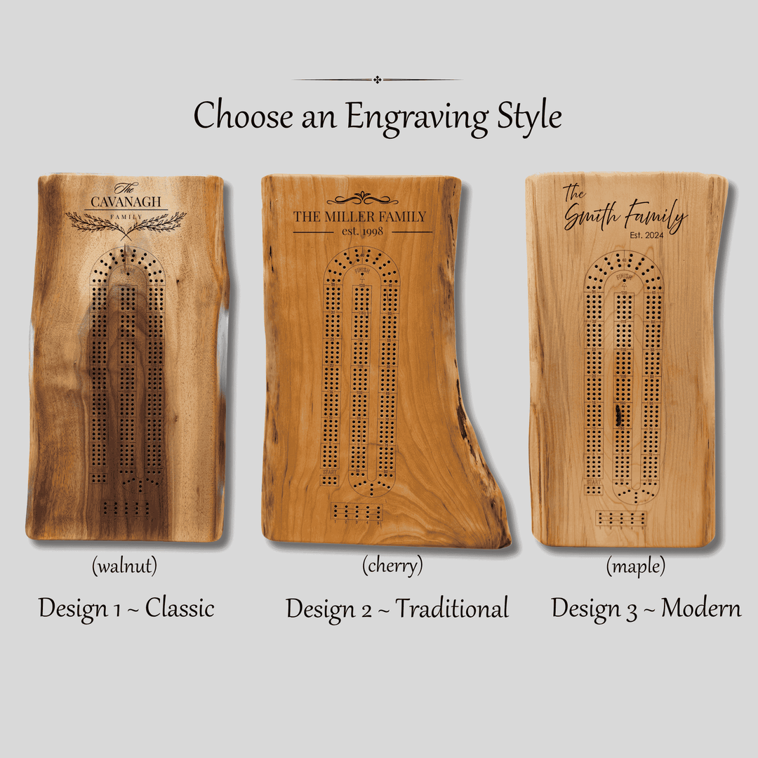 engraved live edge cribbage boards showing different personalization styles and custom designs