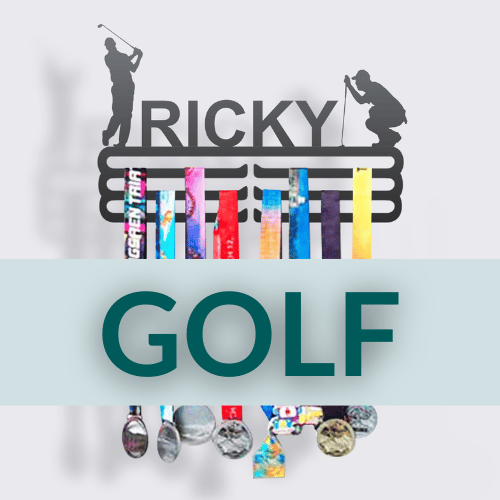 Personalized Golf Medal Hanger in matte black steel with a custom name — Athlete's Gift Shop