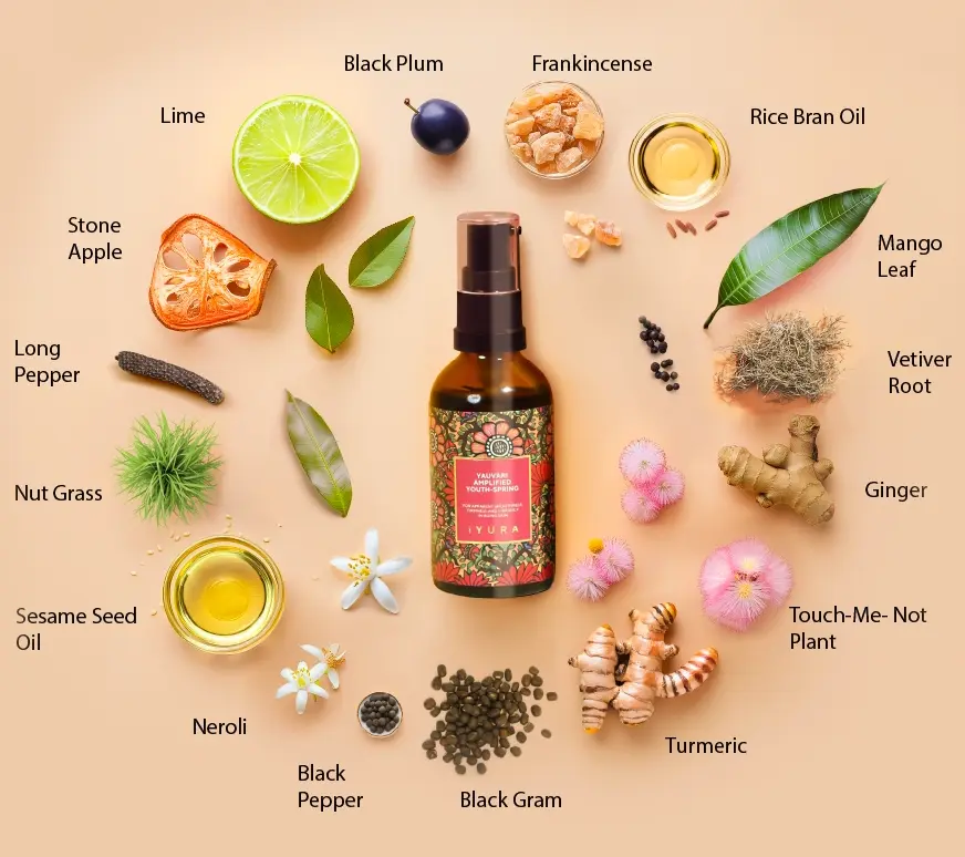 A bottle of Yauvari amplified youth spring surrounded by ingredients like black plum, lime, stone apple, long pepper, touch-me-not flower, mango, ginger in a clean minimal pattern